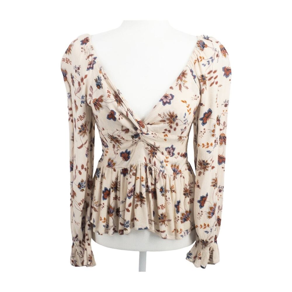 Alya Womens Cream Floral Twist Front Peplum Boho Blouse Small